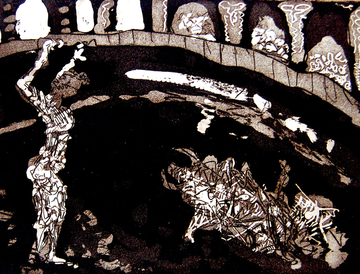 URI LIFSHITZ Israel HAND SIGNED Engraved ETCHING Hebrew BULLFIGHT  Banderillero