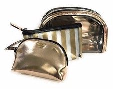 Victoria's Secret TRIO Metallic Gold Black Striped Cosmetic Make up Bag set of 3