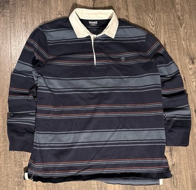Timberland Men's XXL Navy White Striped Polo Shirt Long Sleeve Logo Button