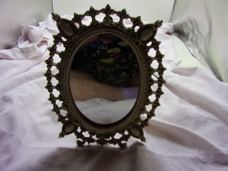 Vintage Small Oval Cast Metal Filigree Cream Finish Frame Stand Mirror 7" Tall