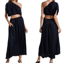Farm Rio Dress Womens S Small Black One Shoulder Cut Out Ruffle Sleeve Maxi