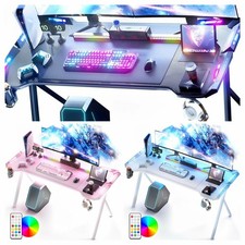 Image of Dowinx Gaming Desk with LED Lights, Carbon Fiber Surface Cup, Headphone Holder