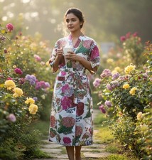 Indian Cotton Robe Long Kimono Sleepwear White Floral Printed Night Kimono Robe