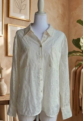  Chico's Embroidered Button Up Blouse Cream Off-White Long Sleeve Size 3 / US 16