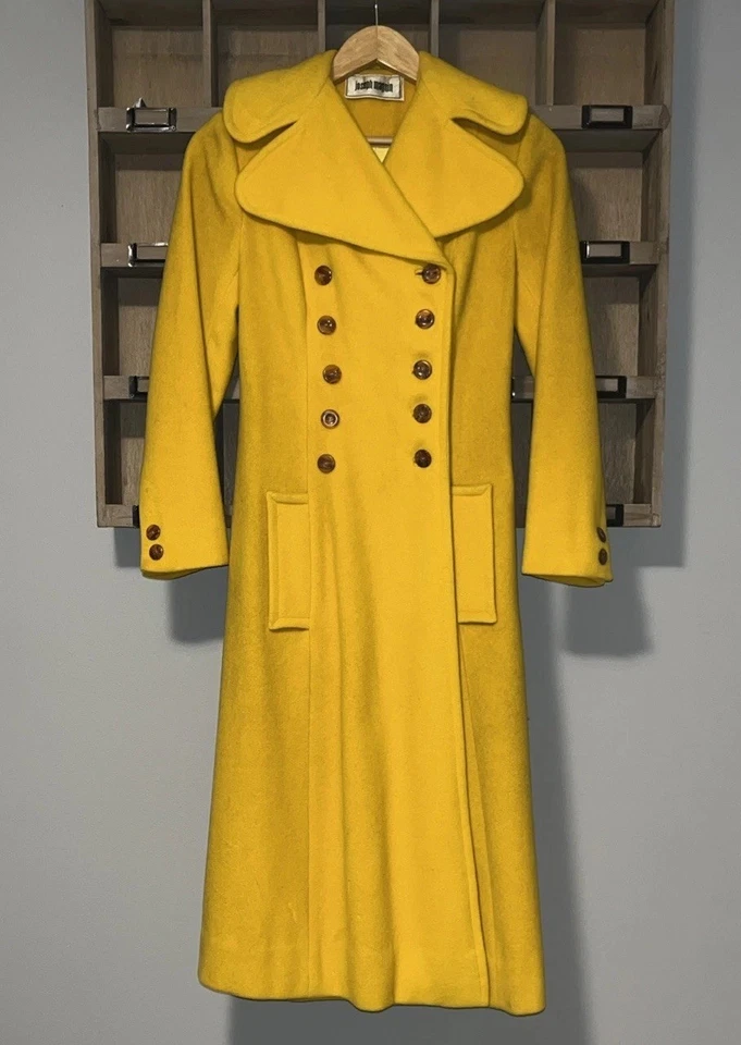 Maxi Abrigo Vintage Años 60 Joseph Magnin Lana Amarillo Mod Doble Pecho Foto 3 de 4