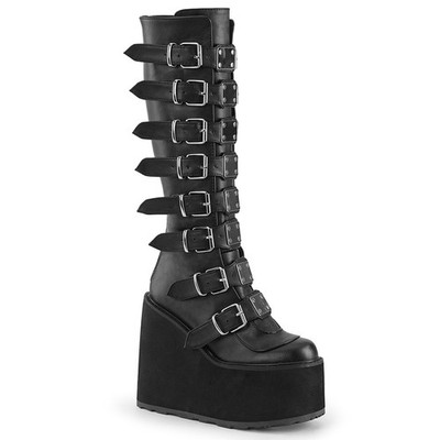 Sale SWING-815 Damenia Gothic Punk Keilplateaustiefel schwarz 16 Schnallen Gr 38