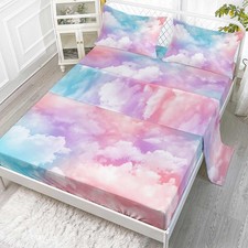 Cloud Queen 4Pcs Kids Bedding Set - Pink Blue Cloud Sky Sheets Set with 1 Fla...