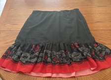 Vintage 90s Y2K Whimsigoth Polka Dot Floral Ruffle Midi Skirt Black Red XL