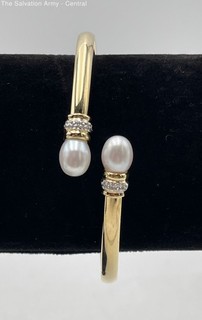 14K Yellow Gold White Diamond Fine Modern Jewelry Bangle Bracelet 6.70g