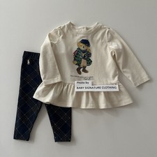 Ralph Lauren 9 Months Polo Bear Cream Long Sleeve Peplum Top  Plaid Pants Set
