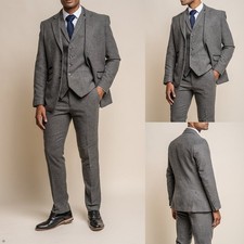 Work Formal Men Suits Vest With Belt Tweed Notch Lapel Single Breasted Office