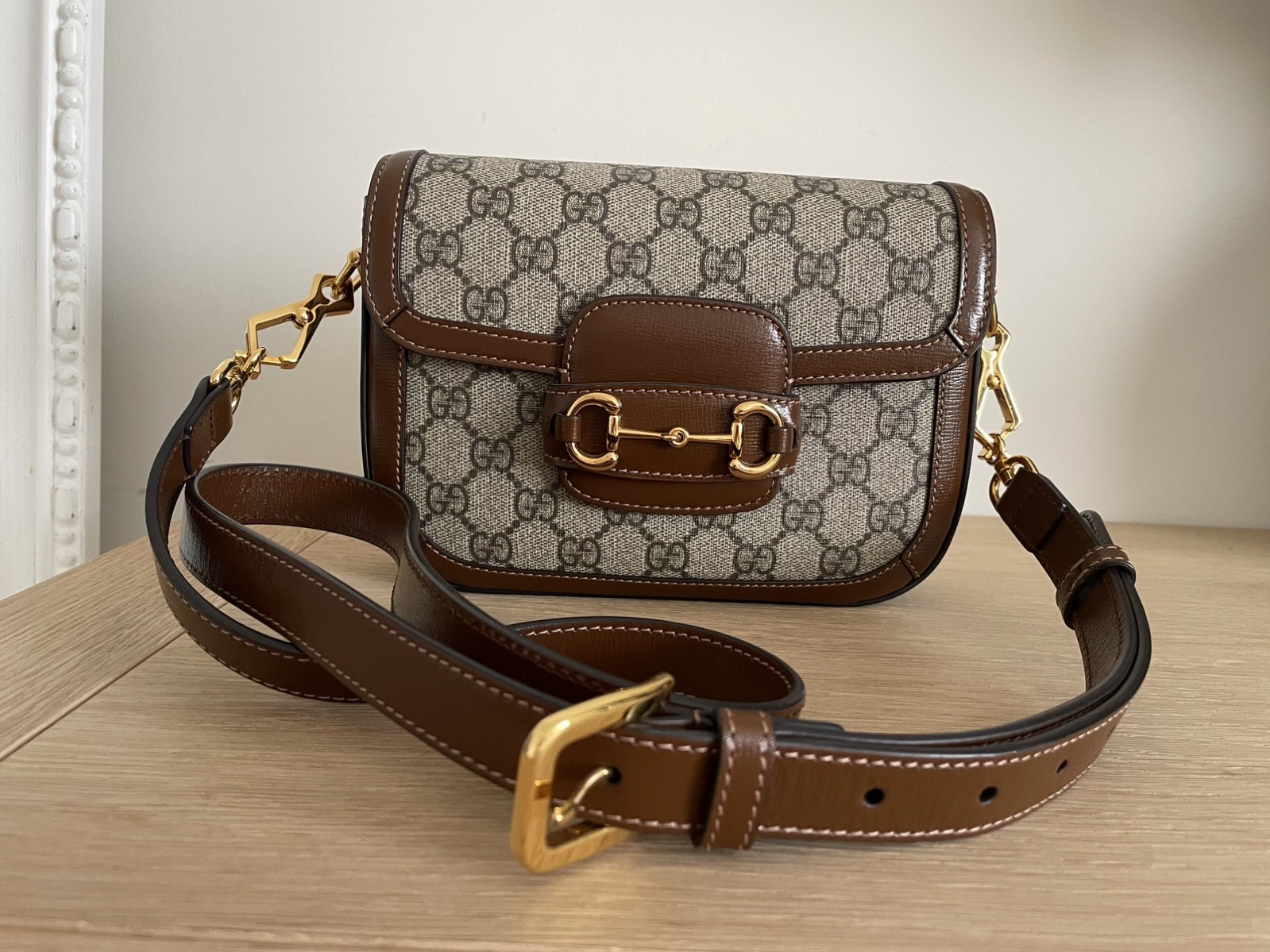 GUCCI HORSEBIT 1955 SMALL CROSSBODY/SHOULDER BAG in SUPREME CANVAS/BROWN LEATHER