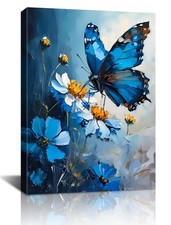 Framed Butterfly Canvas Wall Art,Blue Butterfly Flowers Pictures Wall Decor,W...