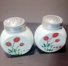 Vintage Fire King Red Tulip Salt & Pepper Shakers Anchor Vitrock Milk Glass