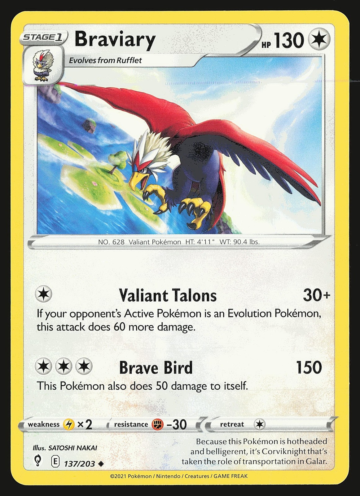 SWSH07: Evolving Skies Braviary #137/203 Uncommon Pokemon Card