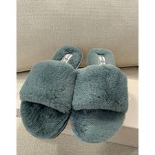 Chinese Laundry Rally Slippers Womens 7.5 Faux Fur Mint Blue Slides NIB