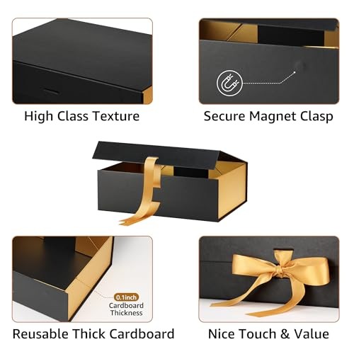 4 Pack Black Gold Gift Boxes with 1 Count (Pack of 4) Black&Gold(12X9X4 Inch) - Picture 4 of 6