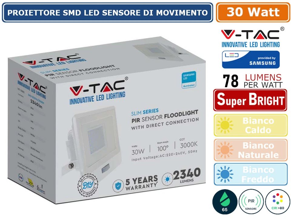 V-TAC VT-138S FARO SMD LED SAMSUNG 30W IP65 SENSORE DI MOVIMENTO E CREPUSCOLARE - Immagine 3 di 3