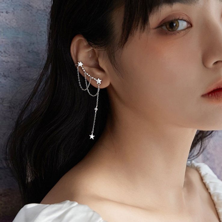 925 Sterling Silver Dangle CZ Tassel Chain Star Ear Curve Cuff Stud Earrings I67