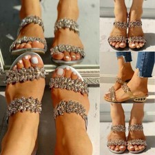 Women's Rhinestone Sandals Open Toe Slip On Slippers Ladies Low Block Heel Shoes