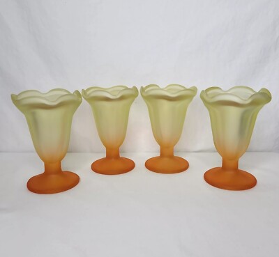 Vtg Libbey Ka-Dinks Frosted Glasses Ice Cream Sundae Ombre Yellow Orange Set 4