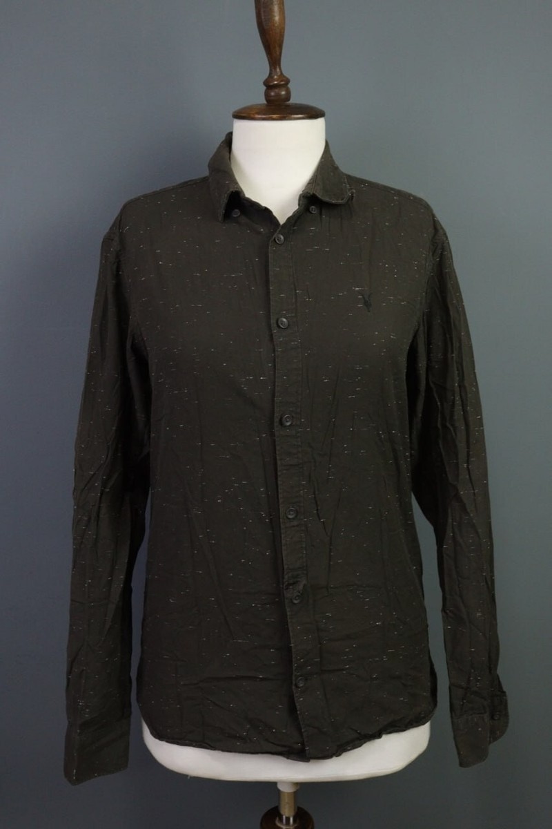 Chemise AllSaints Gris Manches Longues Boutonnage Classique – Coton Tissé, Taille S Homme