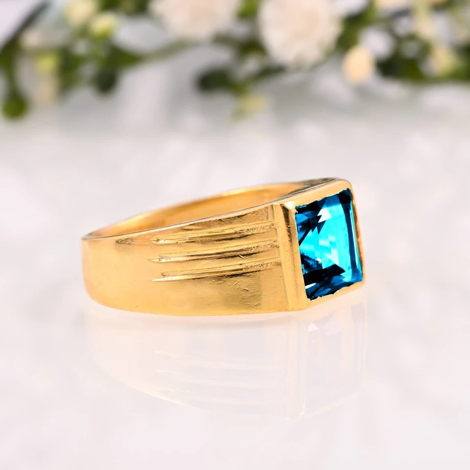 14K Solid Yellow Gold Men's Ring, Natural Blue Topaz Faceted Gemstone Gift Ring. - Image 2 of 3