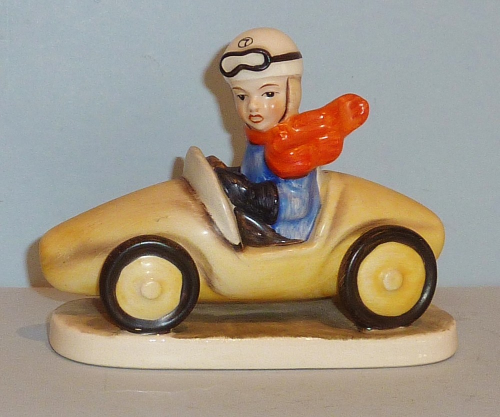 ADORABLE! FRIEDEL, GERMANY ~ RACE CAR WITH BOY DRIVER ~ CERAMIC FIGURINE ~ 5.25