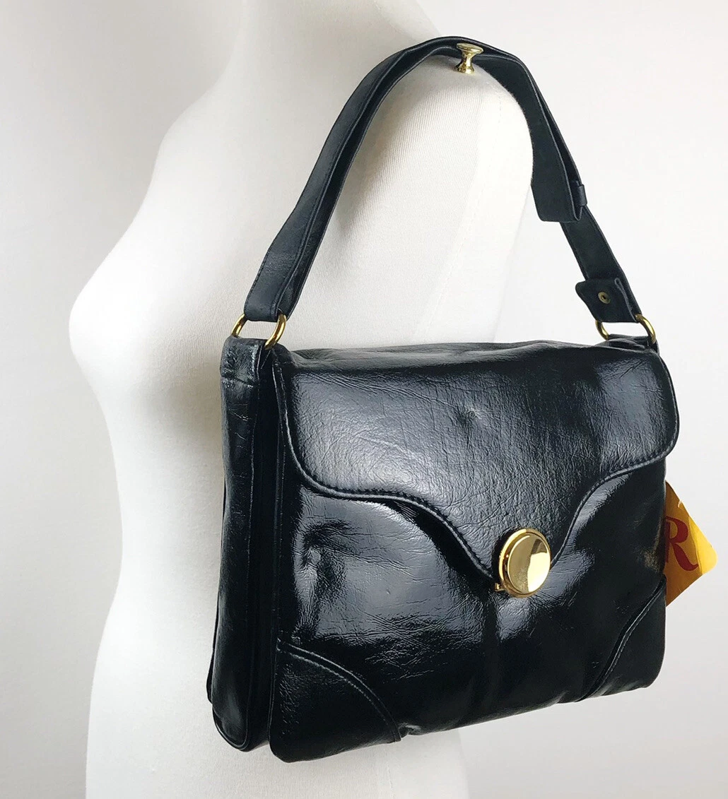 Vintage JR Julius Resnick Purse Black Patent Handbag Gold Tone Hardware NWT