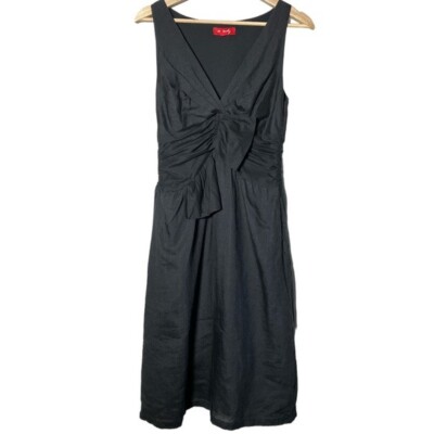 Derhy Paris Dress Linen Ramie Fit & Flare sleeveless black v-neck bow