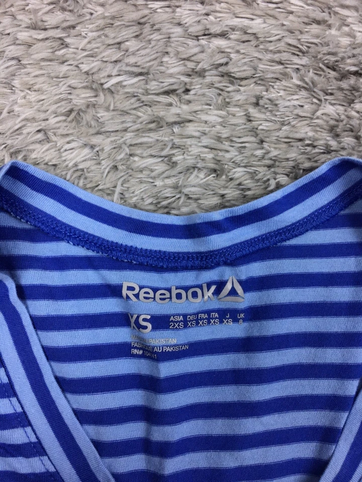 锐步衬衫女式 XS 码超小号蓝色条纹 V 领短袖 T 恤 — 第 4/4 张图片