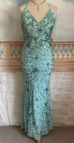 Dress 14 Green Sequin QUIZ Ballgown Fishtail Train Stretch Evening Crossback - Picture 9 of 9