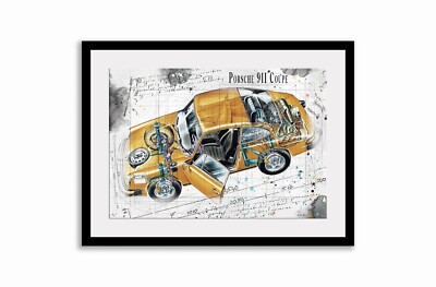 Line Tech Zeichnung Porsche 911 Coupe Cutaway Kunst Posterdruck