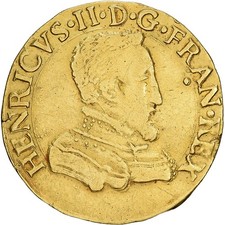 [#344174] France, Henri II, Double Henri d'or, 1561, Rouen, 1st Type, Gold, VF(3