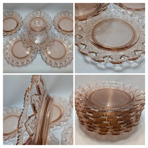 RARE PINK Depression Glass TRIANGLE & HEARTS Old Colony Dinner Plate Set Of 6