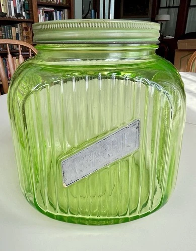 Vintage Ribbed Green Uranium Depression Glass Large Cereal Cookie Jar with Lid
