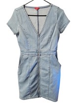 Guess Dress Women S Blue Zip Full Body-Con Denim Y2K PREPPY Short Sleeve Size M