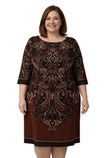 R M Richards Jersey Knit Stretch Dress Paisley Brown Round Neck sz 16 Lined