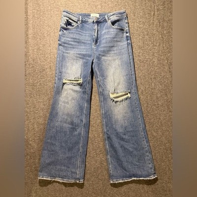 Risen Jeans Womens 2XL blue High Rise Wide Leg Distressed Stretch (Fit 36x32)