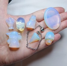 Opalite Crystal Set : Pendulum, Worrystone, Carvings - Wolf, Skull, Yoda, Angel 