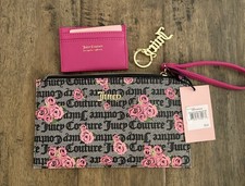 Juicy Couture Pink Bloom Black Rose Print Wristlet Zip Pouch Clutch Wallet Set