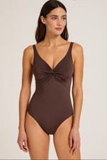 Miraclesuit V-Neck One-Piece Ruched Detail Swimsuit Chocolate Brown Size 14