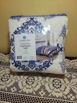 Comfort Bay Quilt Full Queen 86 X 86'' Printed Reversible Bedding NEW Navy White 