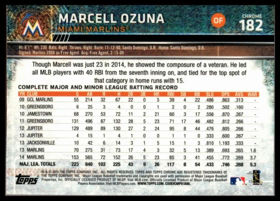 2015 TOPPS CHROME #182 MARCELL OZUNA MIAMI MARLINS - Image 2 of 2