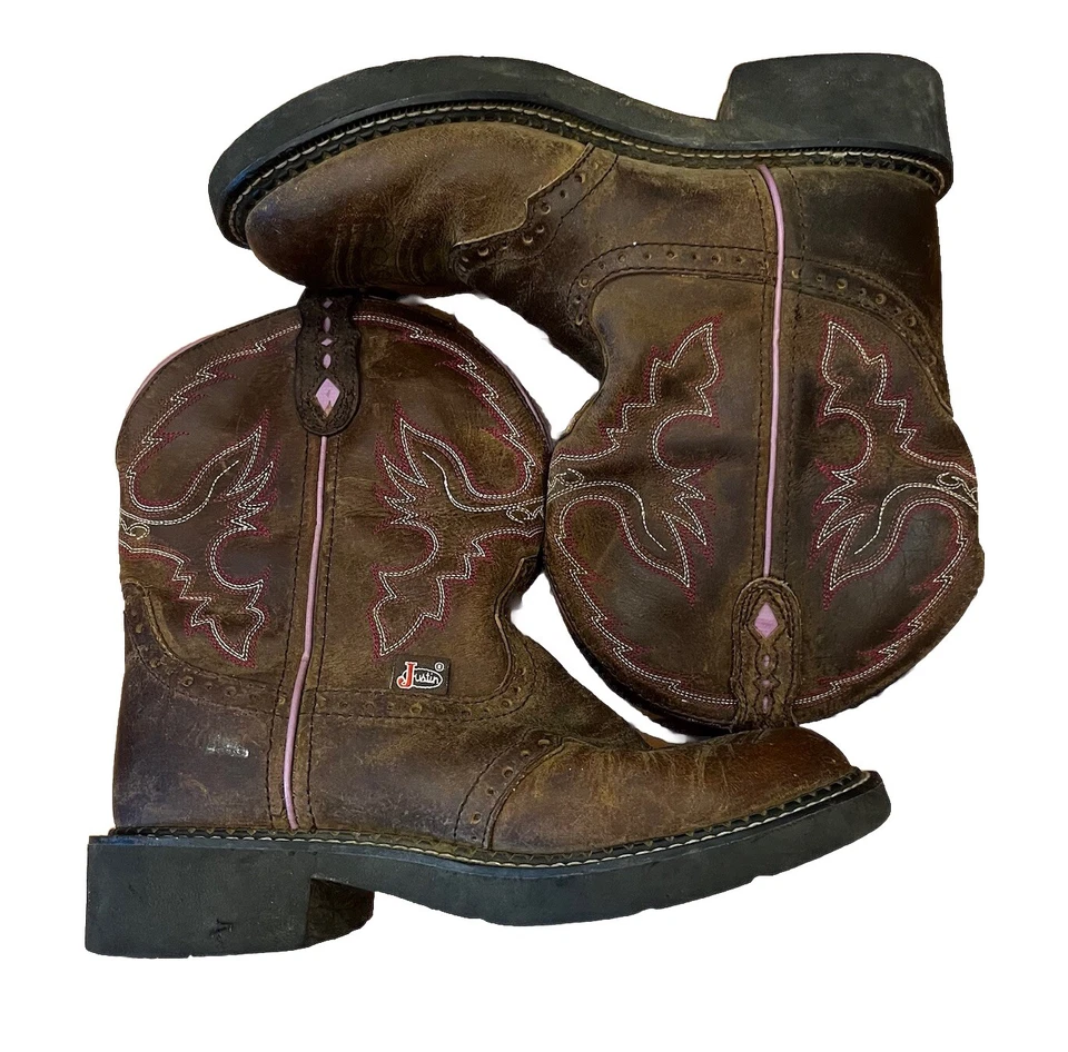 Justin Niñas Western Talla 7 Marrón Cuero Rosa Costura Tobillo Vaquera Botas Sf Foto 4 de 4