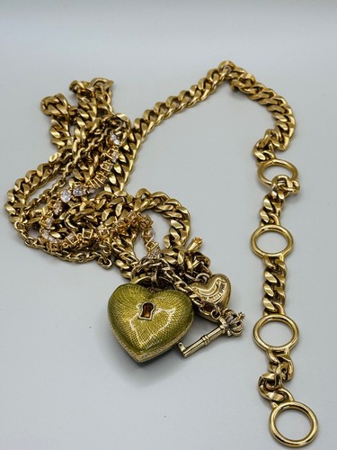 RARE JUICY COUTURE Heart Lock Gold Rhinestone Chain Charm Belt Necklace Works! - Picture 7 of 7