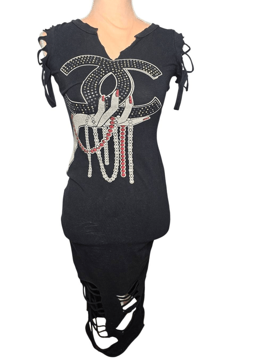 knee length dresses for ladies Darker Wavs Shredded Mini Dress With Shrug main image 1