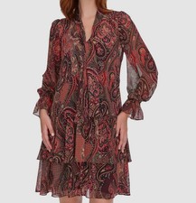 Tommy Hilfiger Women's Red Paisley Lined Chiffon Tie-Neck Tiered Dress Size 2