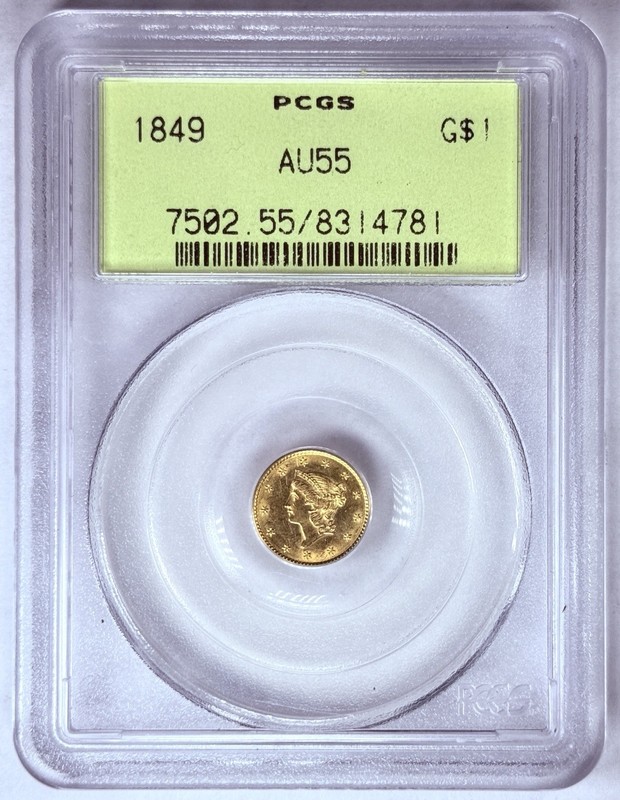 1849 Open Wreath Gold Dollar PCGS AU55 OGH Gen 3.0 Lime Green Label Rare Holder