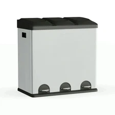3-Compartment Stainless Steel Trash & Recycling Bin 16Gal Hands-Free Step Pedals